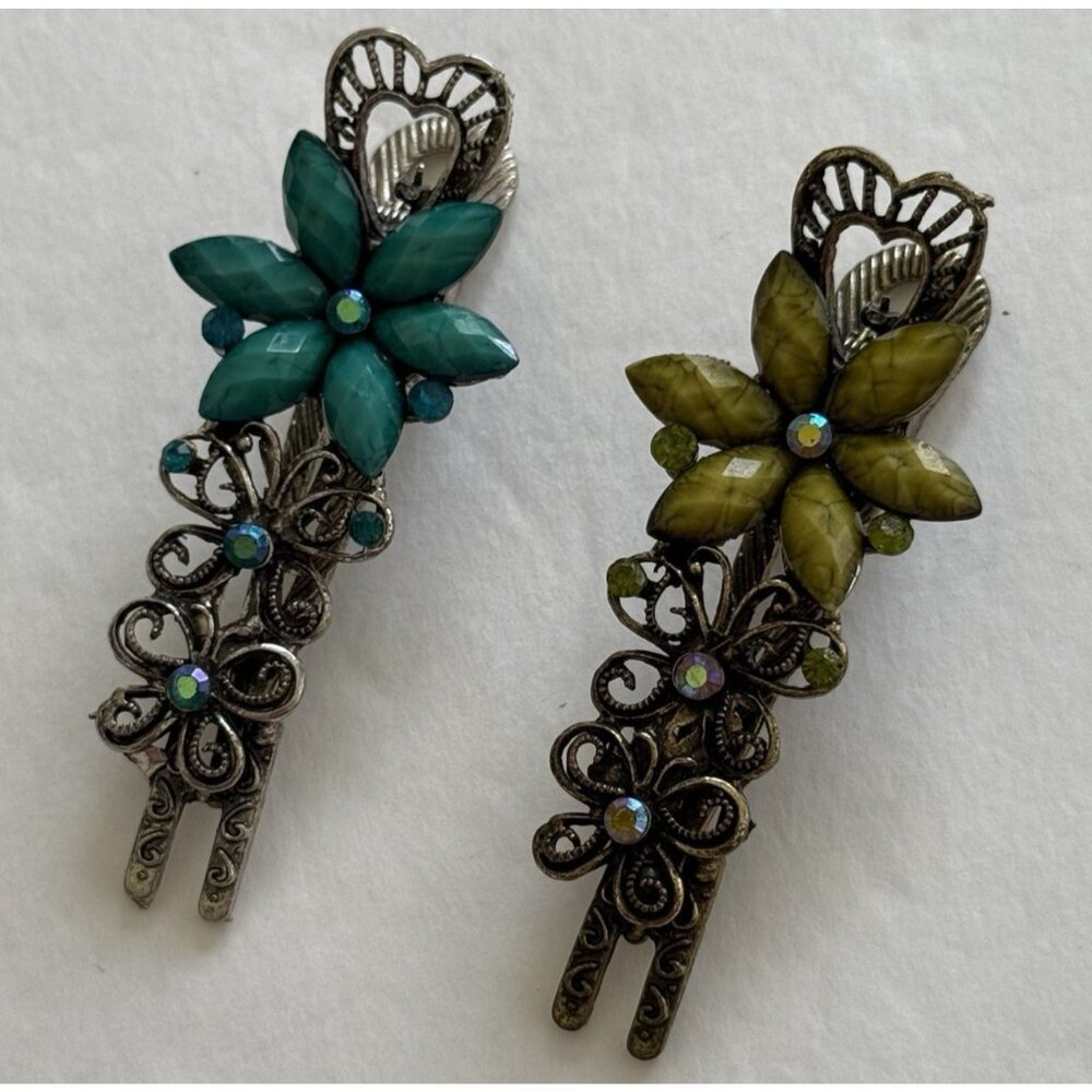 Vintage Flower Hair Clip Clamp Filigree Hair Decor 3" Metal Stone Set of 2